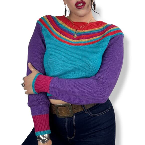 Vintage Sweaters - 1970's QUEENS WAY TO FASHION rainbow knit sweater made in Korea